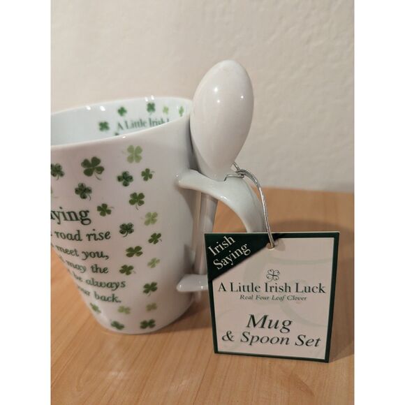 Irish Blessing Mug and Spoon Set NWT Shamrock Four Leaf Clover Tea Coffee Cup - Picture 2 of 5